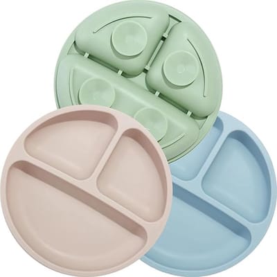 Siliconen babybordje, antislip, kinderplacemat met zuignappen, onderverdeelde stabiele babyborden voor peuters, BPA-vrij, verpakking van 3 stuks, vaatwasser- en magnetronbestendig