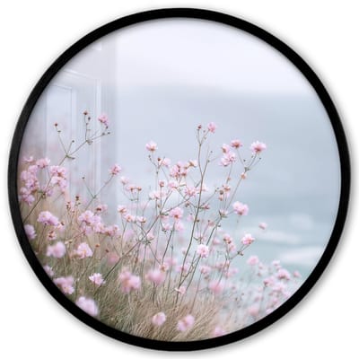 Poster in lijst Rond - Fotolijst 40x40 cm - Posters - Klif - Bloemen - Zee - Roze - Ronde posterlijst zwart - Decoratie - Wanddecoratie woonkamer - Muurdecoratie slaapkamer