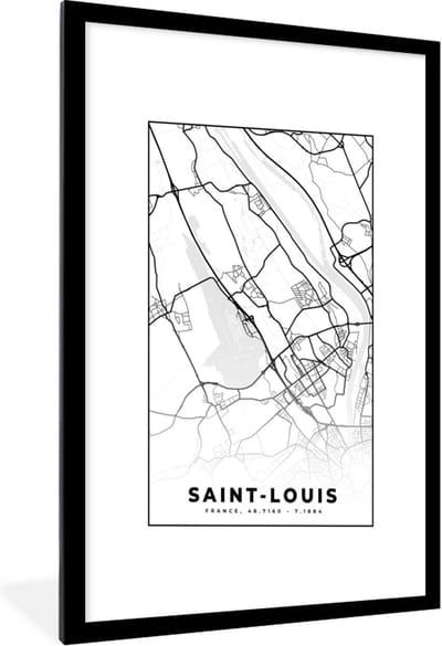 Fotolijst incl. Poster Zwart Wit- Stadskaart - Plattegrond - Saint-Louis - Kaart - Frankrijk - Zwart wit - 60x90 cm - Posterlijst