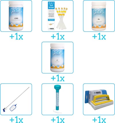 Zwembad Onderhoudspakket - Onderhoud Zwembad - bevat Chloor - Testrips - PH-min - PH-plus - Schoonmaakset - Thermometer en Scrubborstel (7-delig)