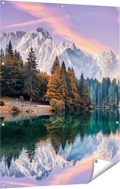 Gards Tuinposter Meer met Weerspiegeling van de Bergen - 90x120 cm - Tuindoek - Tuindecoratie - Wanddecoratie buiten - Tuinschilderij