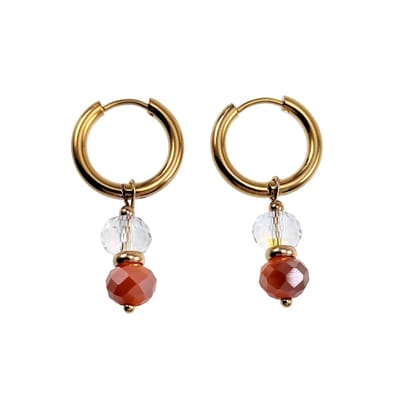 ∅19mm x 2,5mm Oorbellen Dames - Zilverkleurig RVS - Oorringen met Orange Gefacetteerde Kristalkrallen Hanger - Bungelende