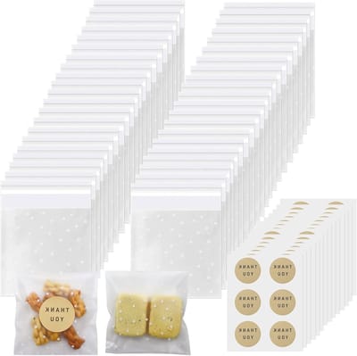 200 stuks zelfklevende cellofaanzakjes, transparant voor koekjes, snoep en cadeautjes, met 36 stickers voor feestjes en evenementen (wit gestippeld 10 x 10 cm)