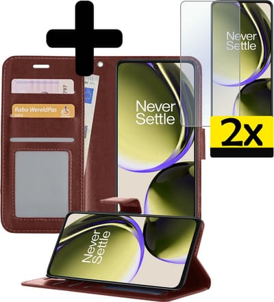 Hoesje - Met 2x Screenprotector - Geschikt voor OnePlus Nord CE 3 Lite - Luxe Pasjeshouder - Bookcase Portemonee - Flip Case - Kunstleer Book Case - Flipcase Hoes - Book Cover - Walletcase - Portemonneehoes - Telefoonhoesjes - Bruin