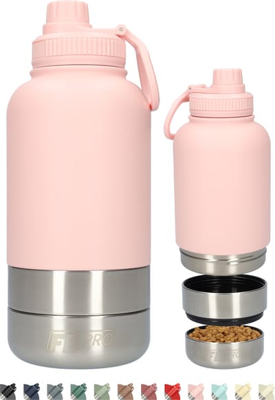Honden drinkfles met voerbakken - Waterfles hond - Dubbelwandig - Thermosfles - Hondendrinkbak - Multifunctioneel - Hondenvoerbak - RVS Fles - Lekbestendige dop - BPA vrij - 1 Liter - Met handvat - Perfect voor onderweg - Roze