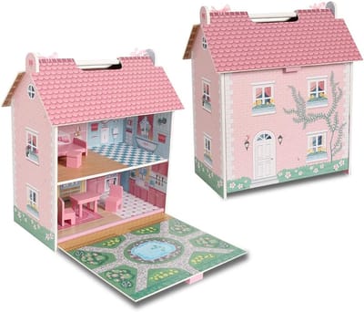Houten poppenhuis met 2 verdiepingen, zolder en tuin, inclusief 7 accessoires