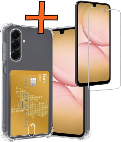 Hoes - Geschikt voor Samsung Galaxy A17 - Met Screenprotector - En Pashouder - En Kaarthouder - Telefoon Hoesje Shockproof - Siliconen Case - Back Cover - Shock Proof - Pasjes Houder - Transparant