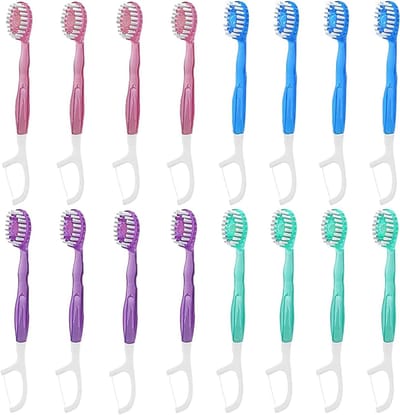 Dailygoods- Wegwerp-tandenborstels 16 stuks - 5-in-1 mini-tandenborstel - Floss/tongreiniger/tandenstoker - Multifunctioneel - Smaken: kersen/perzik/groene thee/munt - Direct klaar voor gebruik