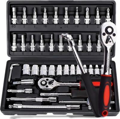 dopsleutelset 1/4 inch, 46-delig, omkeerbare ratel- en schroevendraaierhandgreep, gereedschapsset voor monteurs, gereedschapskist voor auto, huis en doe-het-zelf, moerdoos met ratel, zwart