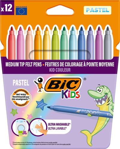 BIC Kids Kid Couleur - Viltstiften - Stiften voor Kinderen - Kleurstiften in Pastel Kleuren - 12 Stuks