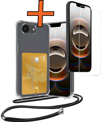 Hoesje Geschikt voor iPhone 16e Hoesje Met Telefoonketting Pasjeshouder Shockproof Case Met Screenprotector Koord - Hoesje Geschikt voor iPhone 16e Hoes Met Kaarthouder - Transparant