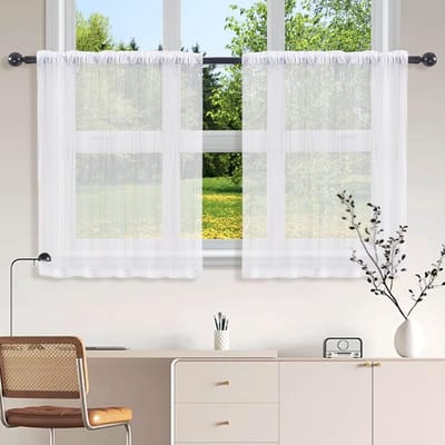 SnelShoppen - 2 Stuks Semi-Transparante Korte Gordijnen voor Keuken/Badkamer | Raamgordijnen, Caravans (Wit, 76 x 60 cm)
