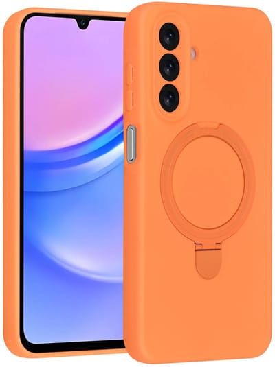 Backcover Hoesje Geschikt voor: Samsung Galaxy A15 Volledig Dekkende Schokbestendige Siliconen Backcover met Ringstandaard – 360° Bescherming - Tangerine Orange