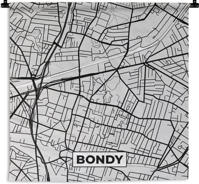 Wandkleed - Wanddoek - Kaart - Frankrijk - Stadskaart - Plattegrond - Bondy - 180x180 cm - Wandtapijt