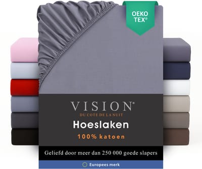 VISION Hoeslaken - 100% katoen - 160x200 cm - Grijs - Tweepersoonsbed - Oekotex gecertificeerd