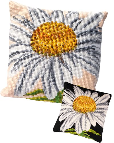 Thea Gouverneur Borduurpakket Kussen Margriet 40 x 40 cm – Compleet Quickpoint pakket met voorgedrukt canvas, garen en naald – DIY hobby voor volwassenen