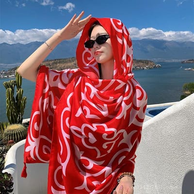 Mode Dames Strand Sjaal Bohemia Bloemen Zomer Hijab Sjaals En Wraps Vrouwelijke Foulard Echarpe Designer Pashmina Bandana red
