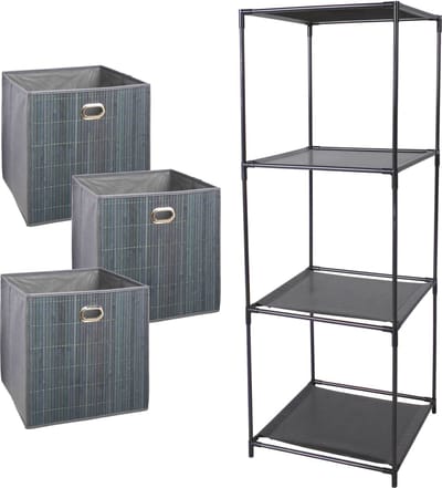 5Five Kastmandjes/opberg manden - grijs - 3x van 29 Liter - Metalen rekje is 34 x 104 cm