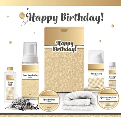 Geschenkset “Happy Birthday!” - 7 producten - 650 gram | Giftset voor haar - Luxe wellness cadeaubox - Cadeau vrouw - Gefeliciteerd - Set Verjaardag - Geschenk jarige - Cadeaupakket moeder - Vriendin - Zus - Verjaardagscadeau - Goud