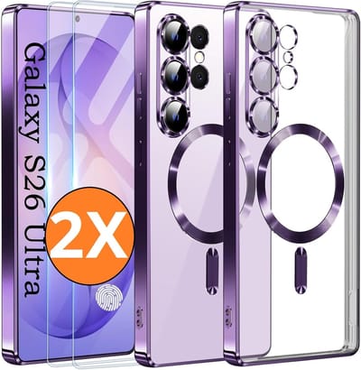 Hoesje Magsafe Geschikt voor Samsung Galaxy S26 Ultra hoesje backcover Paars – Lens beschermer – Transparant hoesje met Samsung S26 Ultra screenprotector - 2 stuks