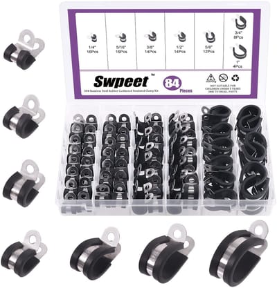 Dailygoods - Swpeet 84pcs Heavy Duty 7 maten 1/4 '' 5/16 '' 3/8 '' 1/2 '' 5/8 '' 3/4 '' 1 '' Rubber gewatteerde 304 roestvrij stalen slangklemmen Kabelklemmen Assortiment Kit perfect voor het vasthouden van buizen