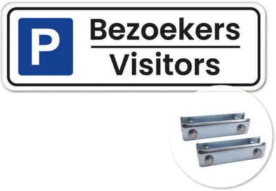 Parkeerbord Bezoekers Visitors - met kader - Weerbestendig Aluminium - 40x15 cm - Bevestiging: Met hekbeugels (voor spijlen- of gaashek)