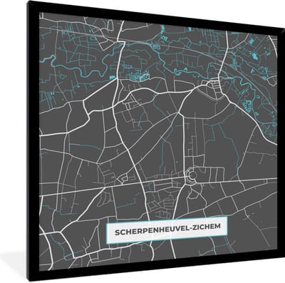 Fotolijst incl. Poster - België – Scherpenheuvel Zichem – Stadskaart – Kaart – Blauw – Plattegrond - 40x40 cm - Posterlijst