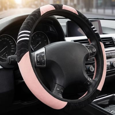 Universele Auto Stuurhoes van Pluche voor Winterseizoen - Antislip - Zwart Roze - Comfortabel en Warm