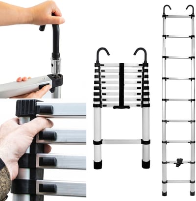 Baulich Aluminium telescopische ladder met afneembare haken, 9 sporten - 88-260 cm, draagvermogen 125 kg, compact, verstelbaar, antislip voeten, voor huis en tuin