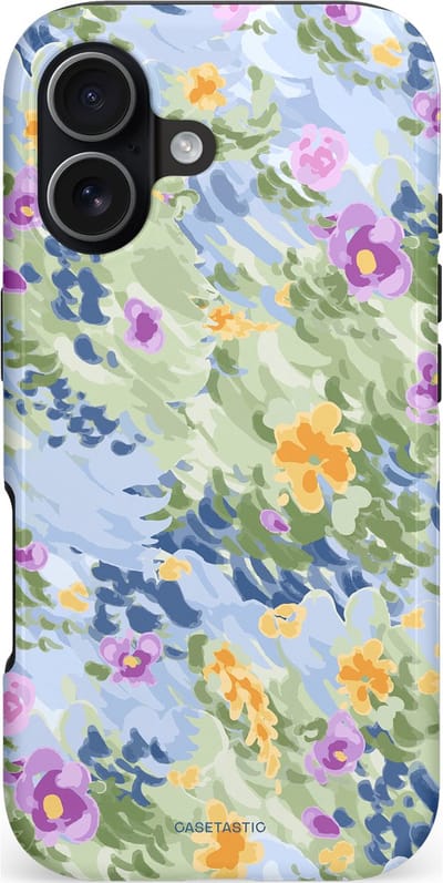 Casetastic hoesje geschikt voor Apple iPhone 17 - MagSafe - Dubbellaagse bescherming - Zonnige Bloemtuin - Fashion Case - Lichtgrijs Zand Saliegroen Lila