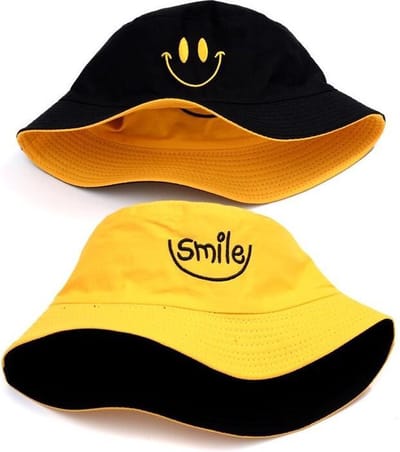 Bucket hat -Dubbelzijdig- Happy ME- Vissershoedje -Zwart-Gel - Hippy - Funky - kerstcadeau