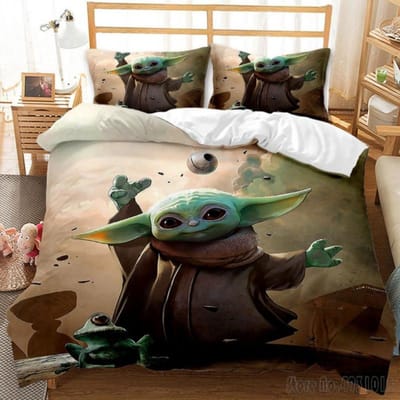 Beddengoed Set Anime Yoda Baby Dubbel Tweepersoons Volledig Queen King Kinder Beddengoed Dekbedovertrek Kussensloop Decoratie Kerstcadeaus AU Single(140*210cm)3pcs