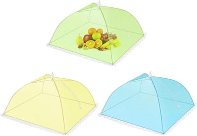 Vouwbare voedselbedekking met kleurrijke netten - 3-delige set voor fruit, gerechten en picknicks, bescherming tegen vliegen en muggen