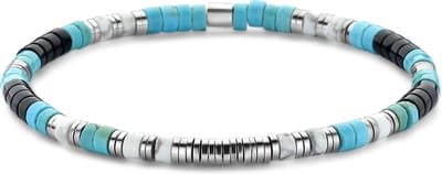 Frank 1967 - 7FB-0761 - platte kralenarmband heren - zwart agaat, turqoise, howliet en staal - 4*2 mm