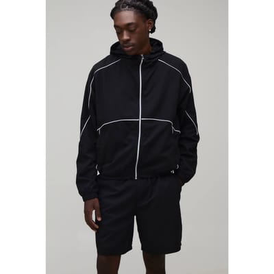 Windjack Met Trechterkraag En Contrastbies & Wijde Short Set | Black | Size XS