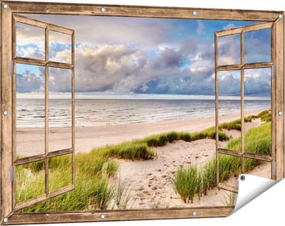 Gards Tuinposter Doorkijk Strand en Duinen met Bewolking - 120x80 cm - Tuindoek - Tuindecoratie - Wanddecoratie buiten - Tuinschilderij