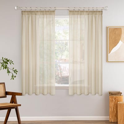 Gordijnen met plooiband, set van 2 gordijnen, vitrage, voile gordijnen, voor woonkamer, slaapkamer, beige, 140 x 175 cm