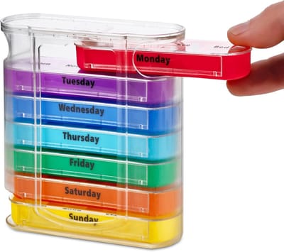 Weekly Pill Organizer, vier keer per dag, 1 dispenser met stapelbare AM/PM compartimenten