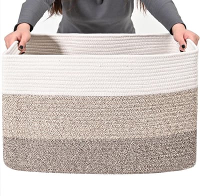 Wasmand groot formaat 55x43x30 cm - Gevlochten katoenen touw opbergmand - Storage basket voor dekens, babyspeelgoed en kleding - Past in badkamer, babykamer, slaapkamer en woonkamer