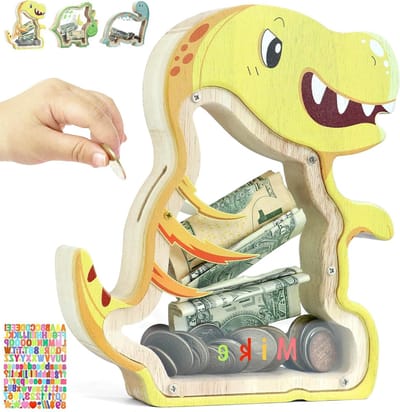 Houten Dino Spaarpot voor Kinderen - Persoonlijke Spaarpot met Transparante Deksel, Perfect als Verjaardagscadeau voor Jongens en Meisjes