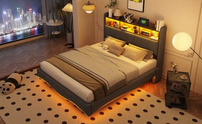 Hangend design gestoffeerd bed 140*200 van linnenstof - multifunctioneel opbergbed met ledverlichting - USB- en TYPE-C-interface Grijs