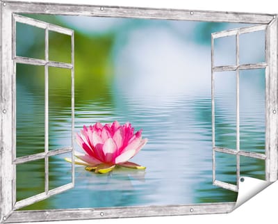 Gards Tuinposter Doorkijk Roze Lotusbloem op het Water - 150x100 cm - Tuindoek - Tuindecoratie - Wanddecoratie buiten - Tuinschilderij
