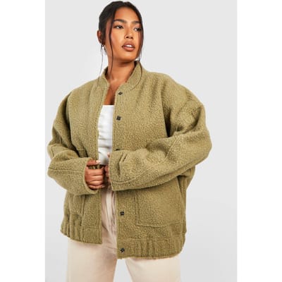boohoo Dames Plus oversized wollen bomberjack | Khaki | Maat: 16