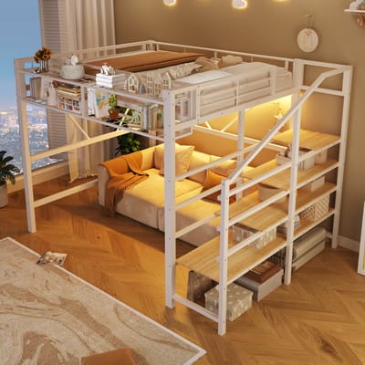 Hoogslaper 140 x 200 cm, Metalen Bed, Opstapje, Gaaselementen, Opbergmand, Open Opbergruimte Onder het Bed, Kinderbed met Led-lichtstrip, Exclusief Matras-Wit