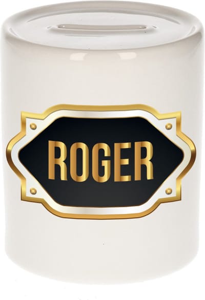 Spaarpot met voornaam Roger - wit - met goud/zwart embleem - 8 x 9 cm - keramiek - met afsluitdop - cadeau verjaardag