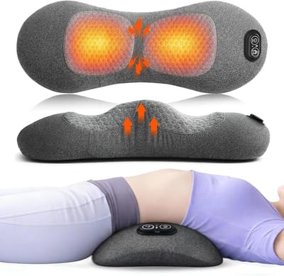 Ergonomische 3-in-1 rugmassager - Elektrische lendenmassage met warmte, vibratie, tractie en lendensteunkussen voor diepe rugmassage en ontspanning, geschikt voor bed en stoel.