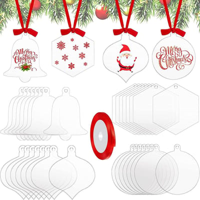 24 stuks transparante kersthangers, acryl ornamenten, kerstboomhanger, acrylplaat, heldere acryl kerstboomversiering met 1 rol voor Kerstmis, onbewerkte acryl in 4 vormen