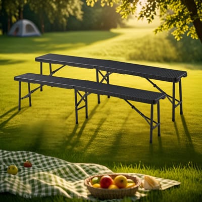 Tuinbank Mark set van 2 opvouwbaar 180x25x43 cm rotan look zwart [en.casa]