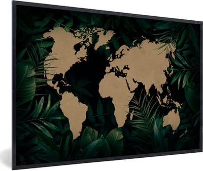 Poster in lijst - Fotolijst 120x80 cm - Posters - Wereldkaart - Planten - Tropische Planten - Posterlijst zwart - Decoratie - Wanddecoratie woonkamer - Muurdecoratie slaapkamer