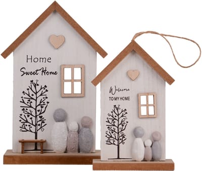 UNUS® Houten decoratieset huismotief staander en hanger set van 2